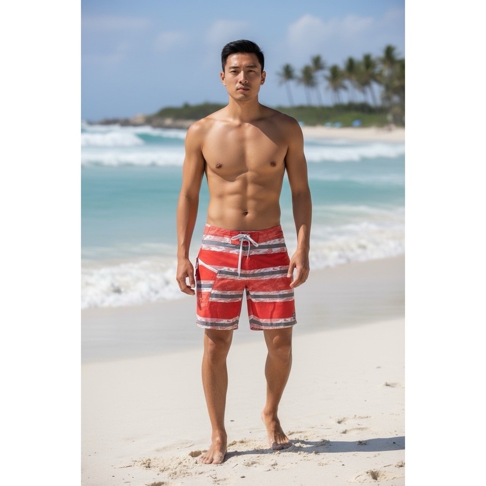 Under Armour Men's 34 Loose Heatgear Board Shorts Lace Up Coral Red Cargo EUC